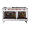 ILVE 60-Inch Nostalgie II Noblesse Natural Gas Dual Fuel Range with 7 Sealed Burners, Griddle, French Top, and Triple Glass Door Oven in White with Copper Trim (UN60FSNMPWHP)