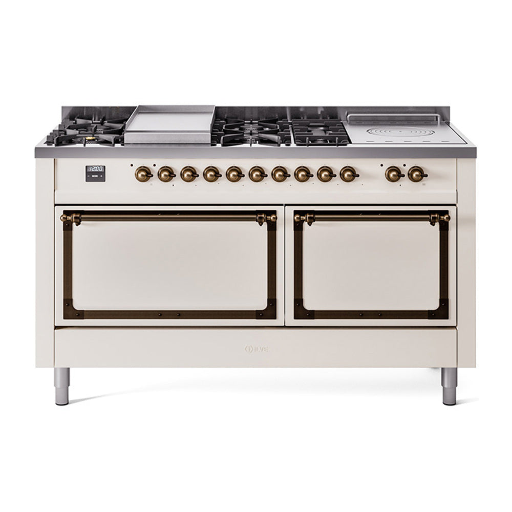 Antique white dual fuel range with bronze trim, 7 sealed burners and two oven doors