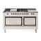 ILVE 60-Inch Nostalgie II Noblesse Natural Gas Dual Fuel Range with 7 Sealed Burners, Gridlde, French Top, and Solid Door Oven in Antique Whitewith Bronze Trim (UN60FSQNMPAWB)