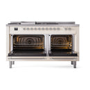 ILVE 60-Inch Nostalgie II Noblesse Propane Gas Dual Fuel Range with 7 Sealed Burners, Gridlde, French Top, and Solid Door Oven in Antique White with Chrome Trim (UN60FSQNMPAWCLP)