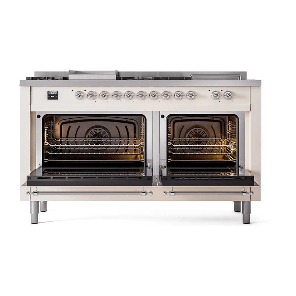 Antique white gas dual-fuel range with both oven doors open and two interior racks