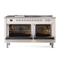 ILVE 60-Inch Nostalgie II Noblesse Natural Gas Dual Fuel Range with 7 Sealed Burners, Gridlde, French Top, and Solid Door Oven in Antique White with Chrome Trim (UN60FSQNMPAWC)