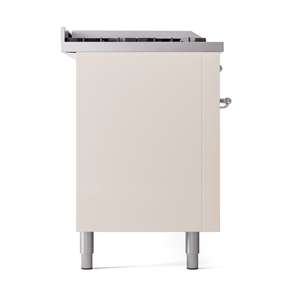 Antique white dual fuel range side panel with chrome trim and adjustable kick feet