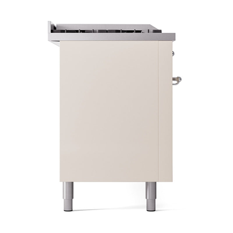 ILVE 60-Inch Nostalgie II Noblesse Dual Fuel Range with 7 Sealed Burners, Gridlde, French Top, and Solid Door Oven in Antique White with Chrome Trim (UN60FSQNMPAWC)
