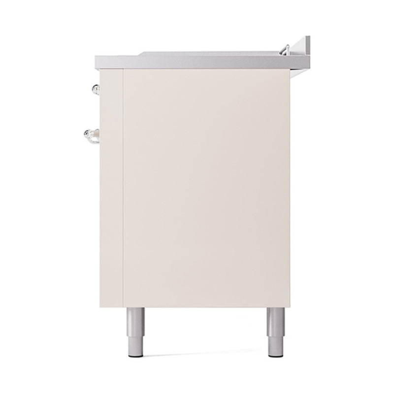 ILVE 60-Inch Nostalgie II Noblesse Dual Fuel Range with 7 Sealed Burners, Gridlde, French Top, and Solid Door Oven in Antique White with Chrome Trim (UN60FSQNMPAWC)