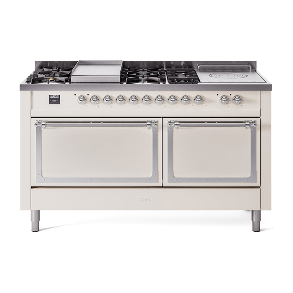 Antique white gas dual-fuel range with chrome-trim control panel and two oven doors