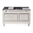 ILVE 60-Inch Nostalgie II Noblesse Natural Gas Dual Fuel Range with 7 Sealed Burners, Gridlde, French Top, and Solid Door Oven in Antique White with Chrome Trim (UN60FSQNMPAWC)