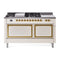 ILVE 60-Inch Nostalgie II Noblesse Natural Gas Dual Fuel Range with 7 Sealed Burners, Gridlde, French Top, and Solid Door Oven in Antique White with Brass Trim (UN60FSQNMPAWG)