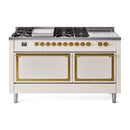 ILVE 60-Inch Nostalgie II Noblesse Propane Gas Dual Fuel Range with 7 Sealed Burners, Gridlde, French Top, and Solid Door Oven in Antique White with Brass Trim (UN60FSQNMPAWGLP)