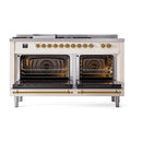 ILVE 60-Inch Nostalgie II Noblesse Propane Gas Dual Fuel Range with 7 Sealed Burners, Gridlde, French Top, and Solid Door Oven in Antique White with Brass Trim (UN60FSQNMPAWGLP)