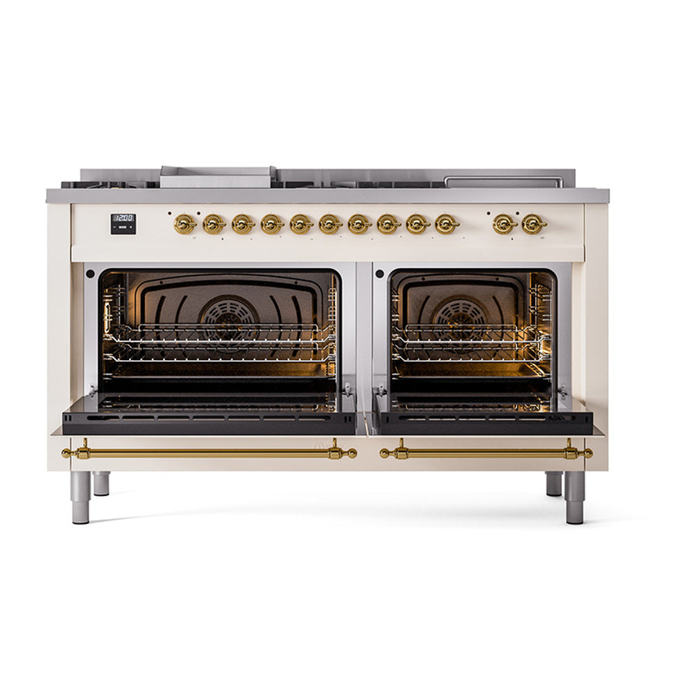 Antique white range with two open ovens and brass lower front trim