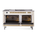 ILVE 60-Inch Nostalgie II Noblesse Natural Gas Dual Fuel Range with 7 Sealed Burners, Gridlde, French Top, and Solid Door Oven in Antique White with Brass Trim (UN60FSQNMPAWG)