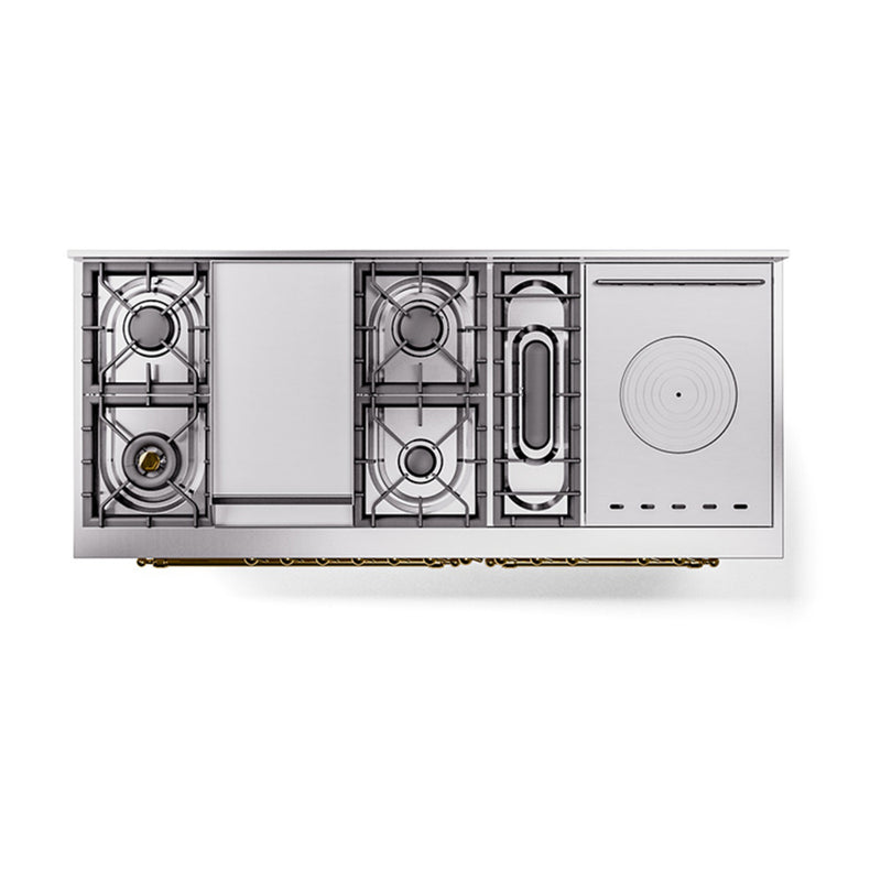 ILVE 60-Inch Nostalgie II Noblesse Dual Fuel Range with 7 Sealed Burners, Gridlde, French Top, and Solid Door Oven in Antique White with Brass Trim (UN60FSQNMPAWG)