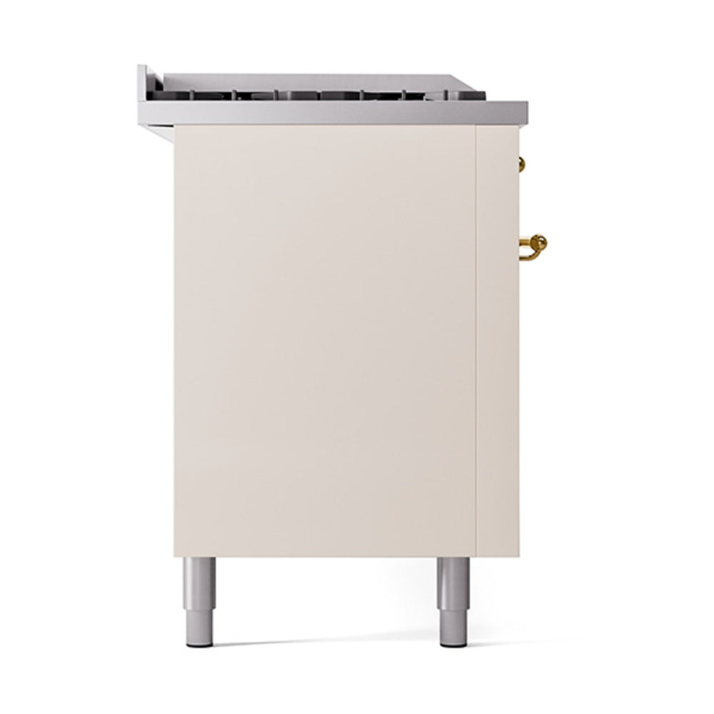 Antique white dual fuel range side panel with brass trim and leveling legs