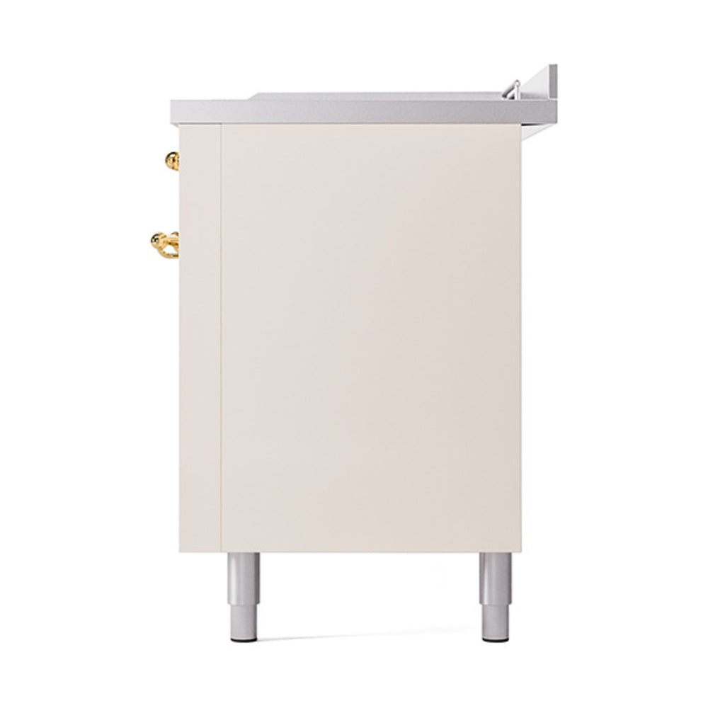 Antique white oven side panel with brass trim and four gray leveling feet