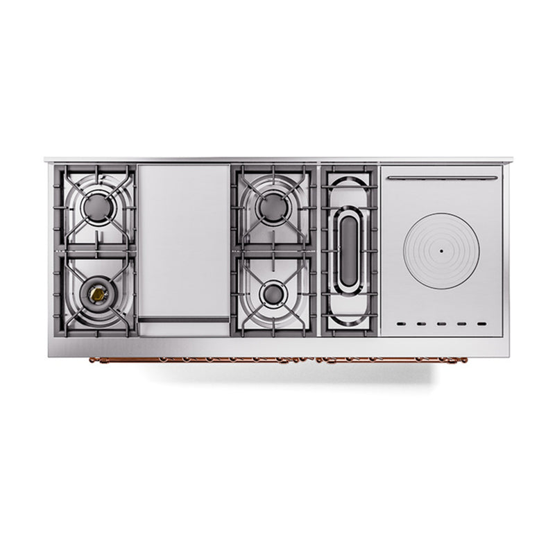 ILVE 60-Inch Nostalgie II Noblesse Dual Fuel Range with 7 Sealed Burners, Gridlde, French Top, and Solid Door Oven in Antique White with Copper Trim (UN60FSQNMPAWP)