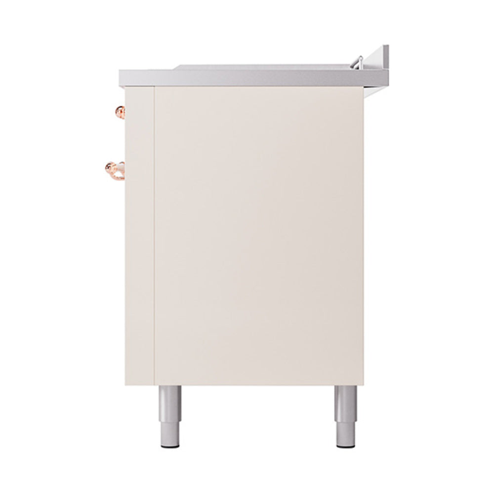 Antique white rear panel of dual fuel range with copper trim and silver legs