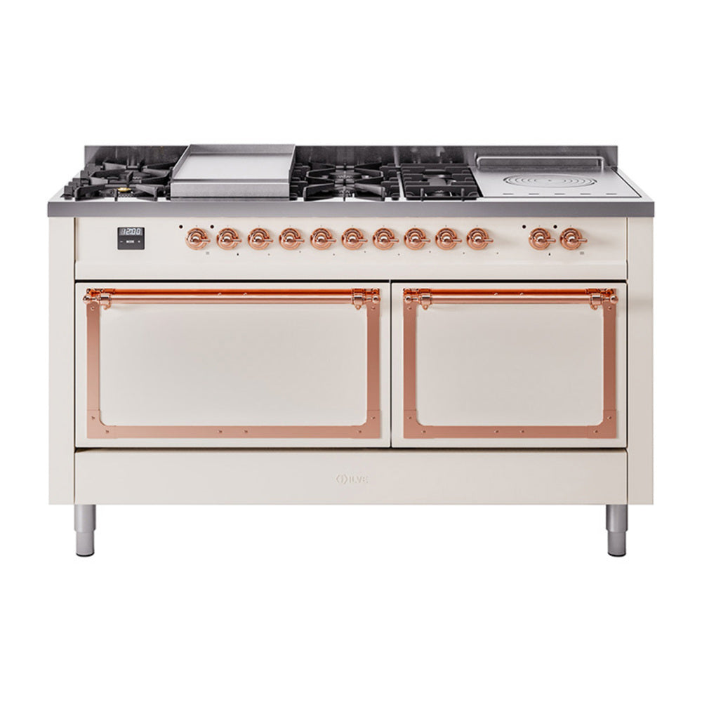 Antique white dual fuel range with copper control knobs and seven burner cooktop