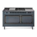 ILVE 60-Inch Nostalgie II Noblesse Natural Gas Dual Fuel Range with 7 Sealed Burners, Gridlde, French Top, and Solid Door Oven in Blue Grey with Bronze Trim (UN60FSQNMPBGB)