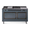 ILVE 60-Inch Nostalgie II Noblesse Natural Gas Dual Fuel Range with 7 Sealed Burners, Gridlde, French Top, and Solid Door Oven in Blue Grey with Bronze Trim (UN60FSQNMPBGB)