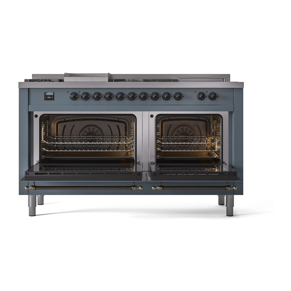 Dual fuel range with two open ovens showing racks and bake broil interiors
