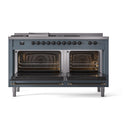 ILVE 60-Inch Nostalgie II Noblesse Natural Gas Dual Fuel Range with 7 Sealed Burners, Gridlde, French Top, and Solid Door Oven in Blue Grey with Bronze Trim (UN60FSQNMPBGB)