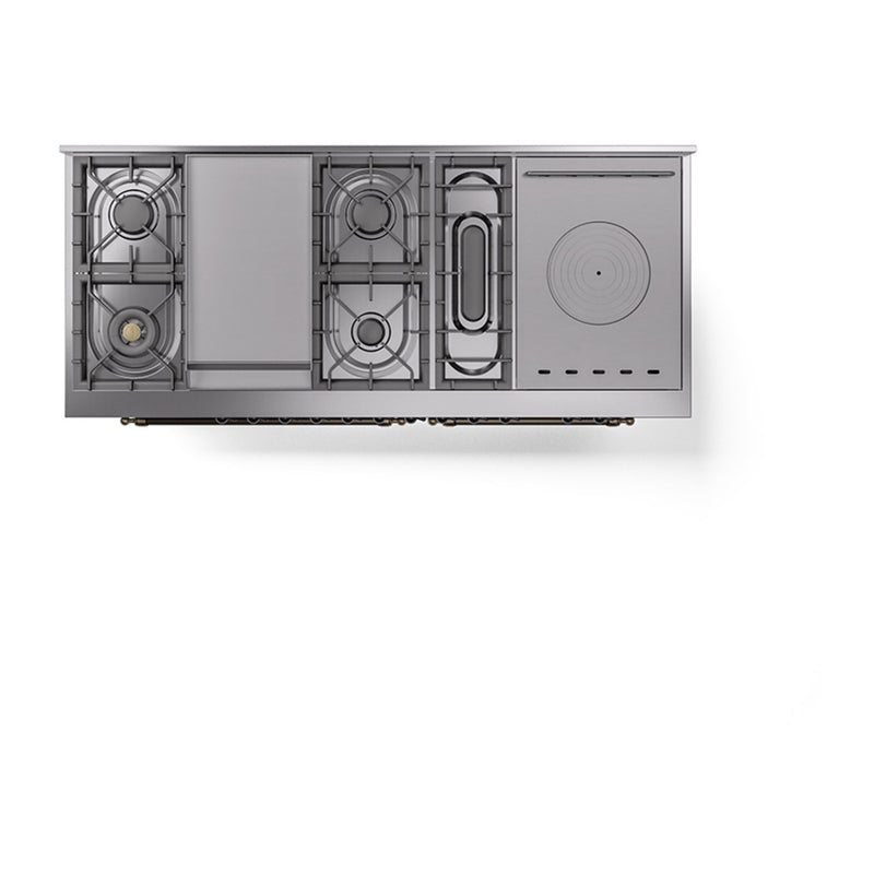 ILVE 60-Inch Nostalgie II Noblesse Dual Fuel Range with 7 Sealed Burners, Gridlde, French Top, and Solid Door Oven in Blue Grey with Bronze Trim (UN60FSQNMPBGB)