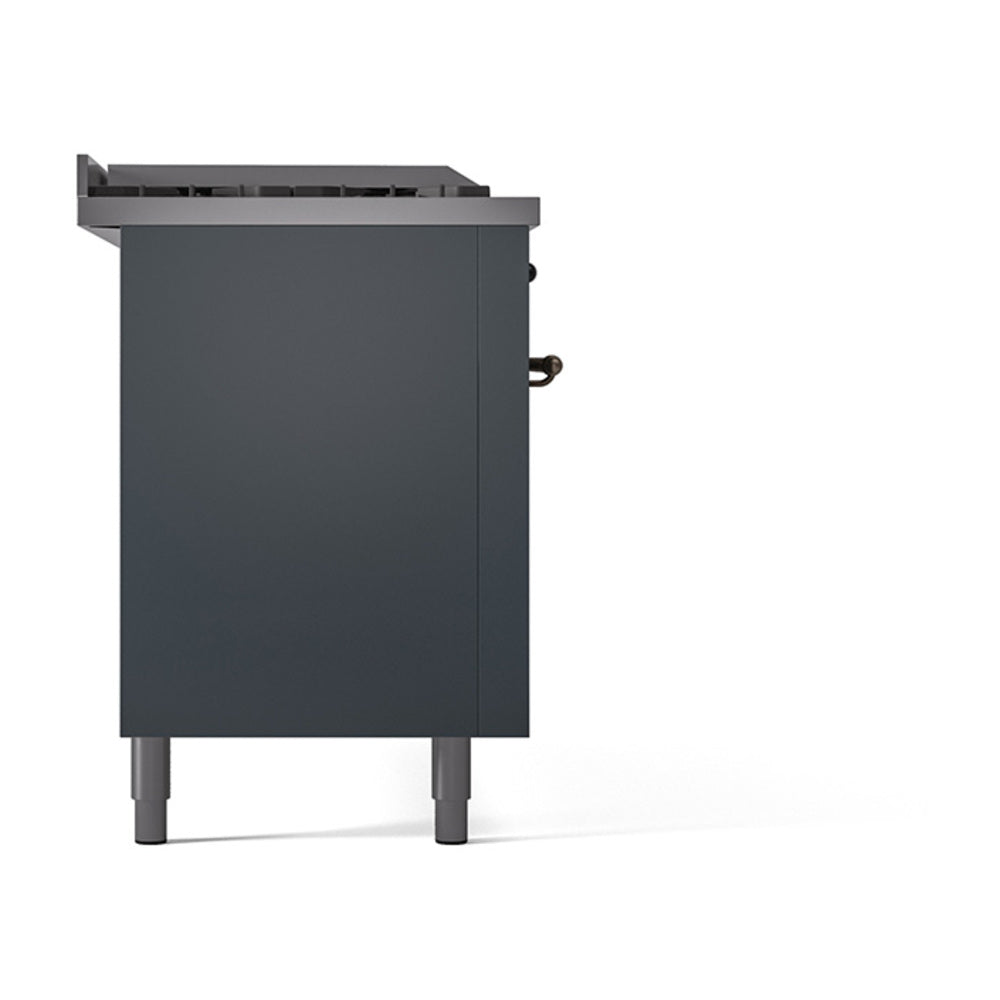 ILVE blue grey dual-fuel range side panel with control knobs and feet