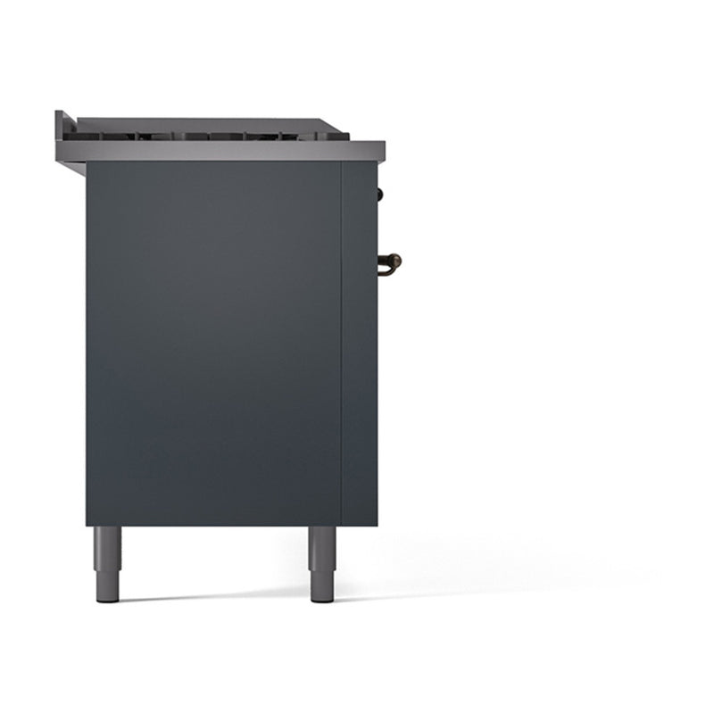ILVE 60-Inch Nostalgie II Noblesse Dual Fuel Range with 7 Sealed Burners, Gridlde, French Top, and Solid Door Oven in Blue Grey with Bronze Trim (UN60FSQNMPBGB)