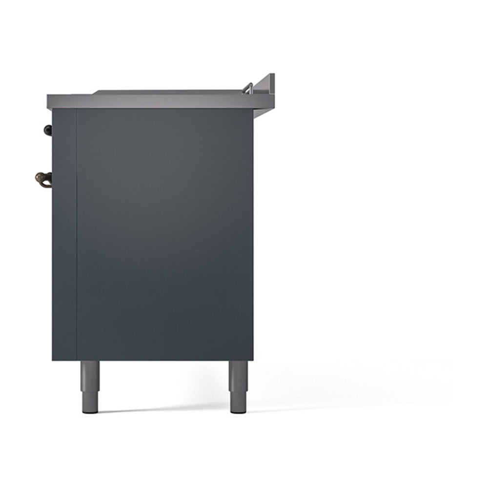 ILVE blue grey dual-fuel range back view with rear knobs and legs