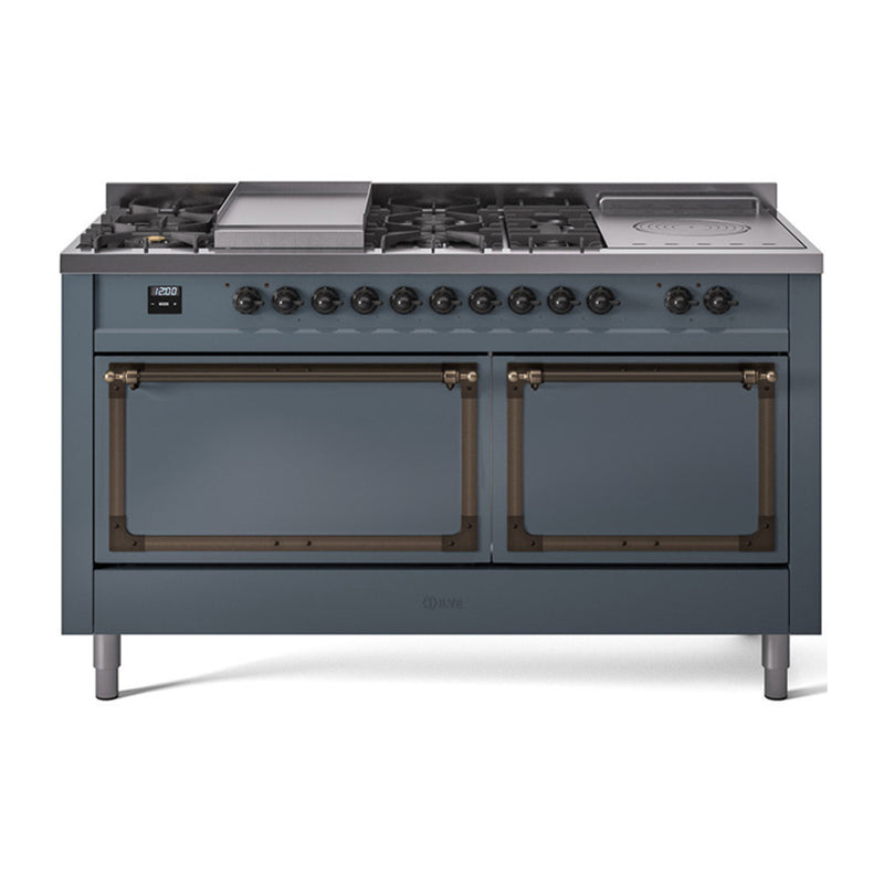 ILVE 60-Inch Nostalgie II Noblesse Dual Fuel Range with 7 Sealed Burners, Gridlde, French Top, and Solid Door Oven in Blue Grey with Bronze Trim (UN60FSQNMPBGB)