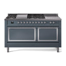 ILVE 60-Inch Nostalgie II Noblesse Propane Gas Dual Fuel Range with 7 Sealed Burners, Gridlde, French Top, and Solid Door Oven in Blue Grey with Chrome Trim (UN60FSQNMPBGCLP)