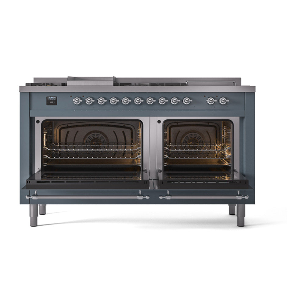 Blue-grey dual fuel range with two open ovens and multiple sealed burners