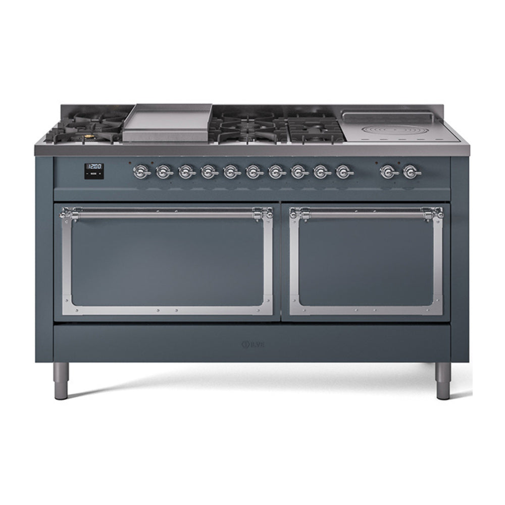 Blue-grey dual fuel range with chrome-trim double ovens and multiple sealed burners