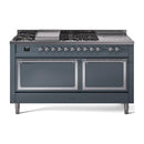 ILVE 60-Inch Nostalgie II Noblesse Natural Gas Dual Fuel Range with 7 Sealed Burners, Gridlde, French Top, and Solid Door Oven in Blue Grey with Chrome Trim (UN60FSQNMPBGC)