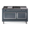 ILVE 60-Inch Nostalgie II Noblesse Natural Gas Dual Fuel Range with 7 Sealed Burners, Gridlde, French Top, and Solid Door Oven in Blue Grey with Chrome Trim (UN60FSQNMPBGC)
