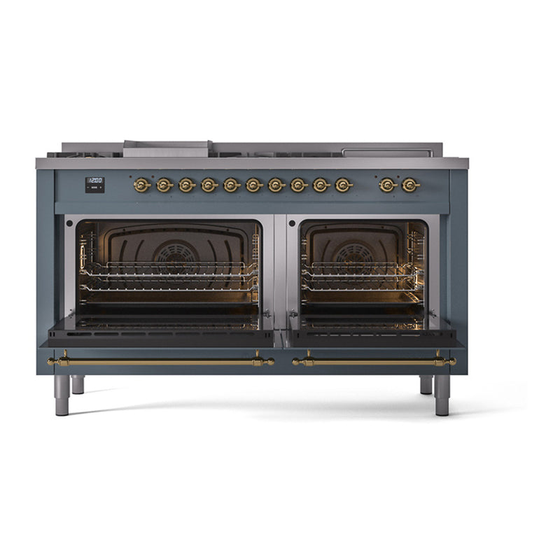 ILVE 60-Inch Nostalgie II Noblesse Dual Fuel Range with 7 Sealed Burners, Gridlde, French Top, and Solid Door Oven in Blue Grey with Brass Trim (UN60FSQNMPBGG)