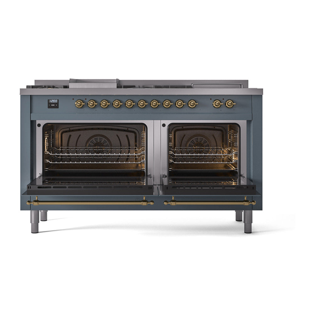 Blue grey dual fuel range with two oven doors open, interior racks visible, brass trim