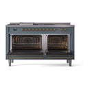 ILVE 60-Inch Nostalgie II Noblesse Natural Gas Dual Fuel Range with 7 Sealed Burners, Gridlde, French Top, and Solid Door Oven in Blue Grey with Brass Trim (UN60FSQNMPBGG)