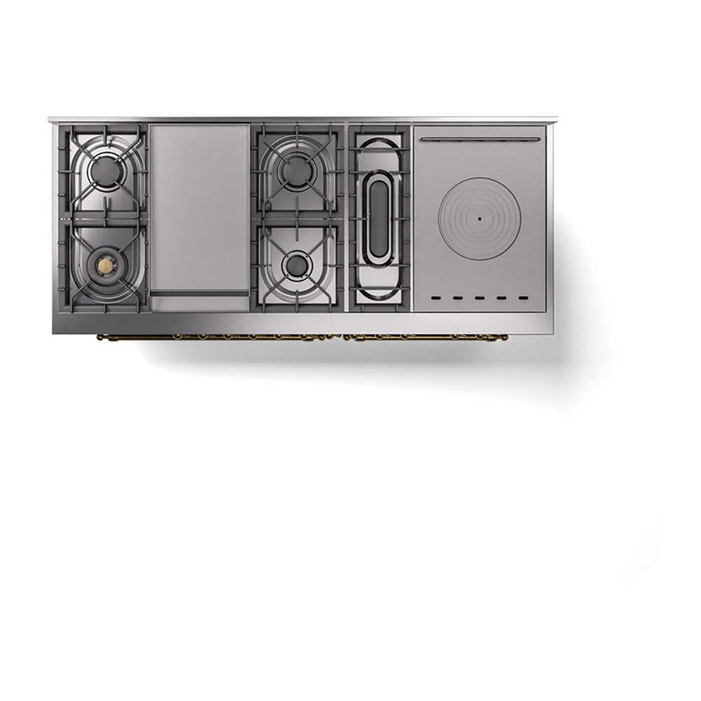 Blue grey ILVE dual-fuel range internal layout view with burner openings and griddle section