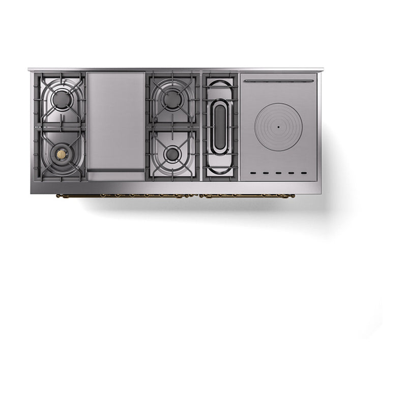 ILVE 60-Inch Nostalgie II Noblesse Dual Fuel Range with 7 Sealed Burners, Gridlde, French Top, and Solid Door Oven in Blue Grey with Brass Trim (UN60FSQNMPBGG)