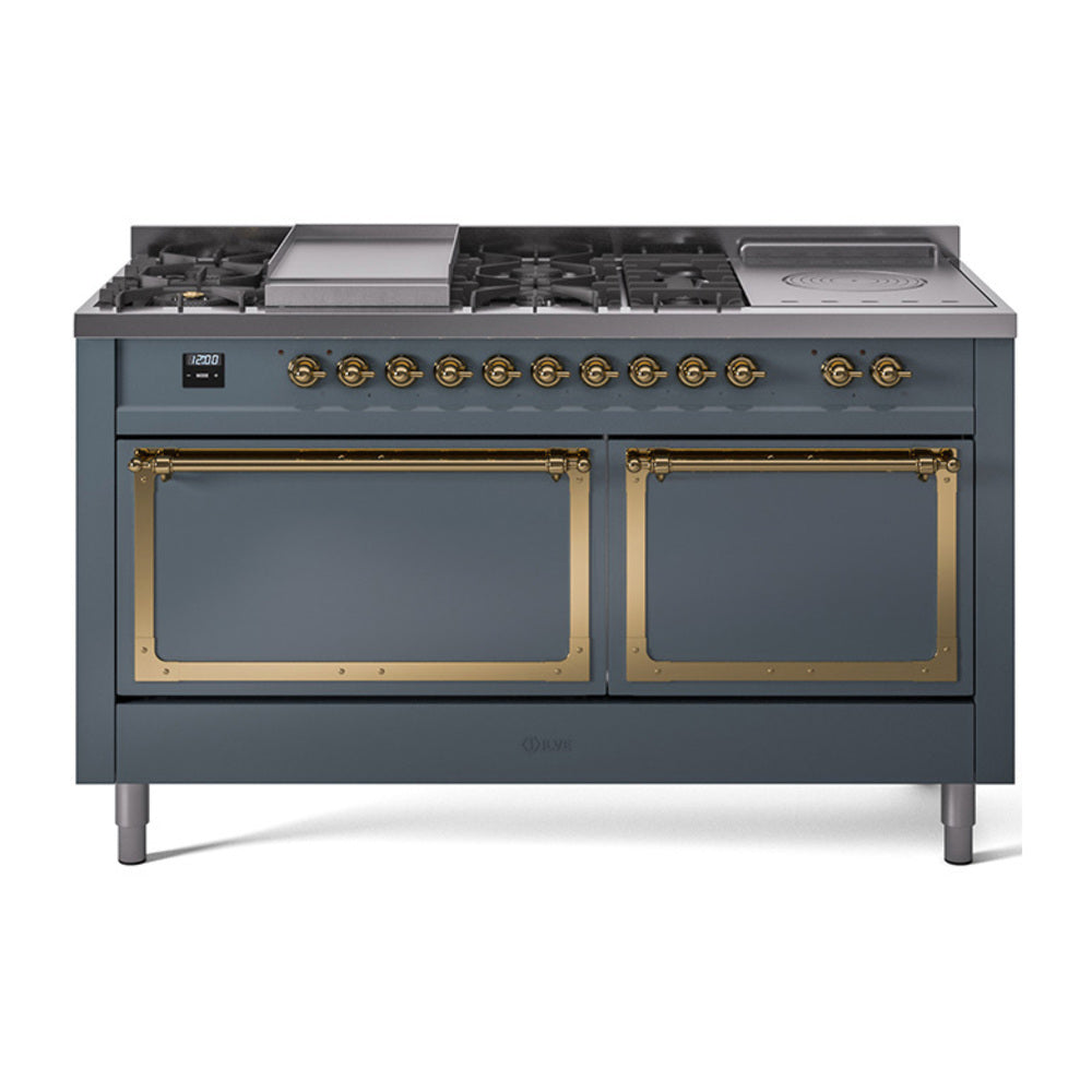 Blue grey dual fuel range with brass-trim doors and multiple sealed burners on top