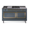 ILVE 60-Inch Nostalgie II Noblesse Natural Gas Dual Fuel Range with 7 Sealed Burners, Gridlde, French Top, and Solid Door Oven in Blue Grey with Brass Trim (UN60FSQNMPBGG)