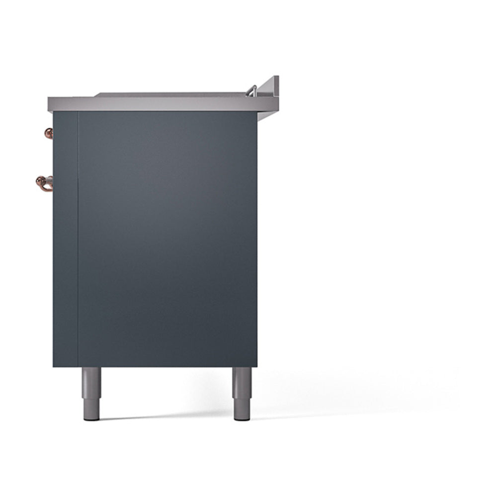 ILVE dual fuel range side panel in blue-gray with copper-trim edges and rear controls