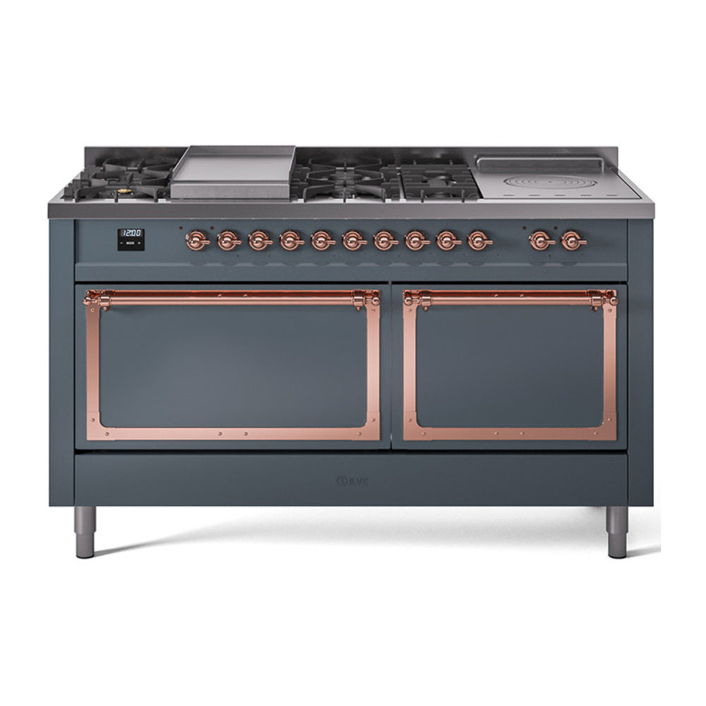 Blue grey dual-fuel range with copper-trimmed doors and 7 sealed burners