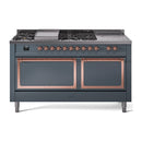 ILVE 60-Inch Nostalgie II Noblesse Natural Gas Dual Fuel Range with 7 Sealed Burners, Gridlde, French Top, and Solid Door Oven in Blue Grey with Copper Trim (UN60FSQNMPBGP)