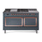 ILVE 60-Inch Nostalgie II Noblesse Natural Gas Dual Fuel Range with 7 Sealed Burners, Gridlde, French Top, and Solid Door Oven in Blue Grey with Copper Trim (UN60FSQNMPBGP)