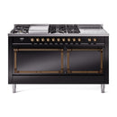 ILVE 60-Inch Nostalgie II Noblesse Propane Gas Dual Fuel Range with 7 Sealed Burners, Gridlde, French Top, and Solid Door Oven in Glossy Black with Bronze Trim (UN60FSQNMPBKBLP)