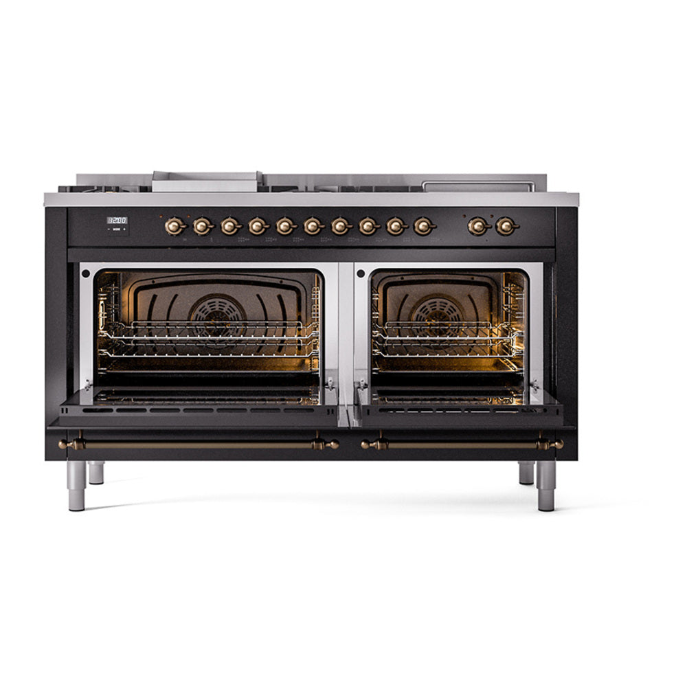 Black dual-fuel range with both oven doors open and visible racks