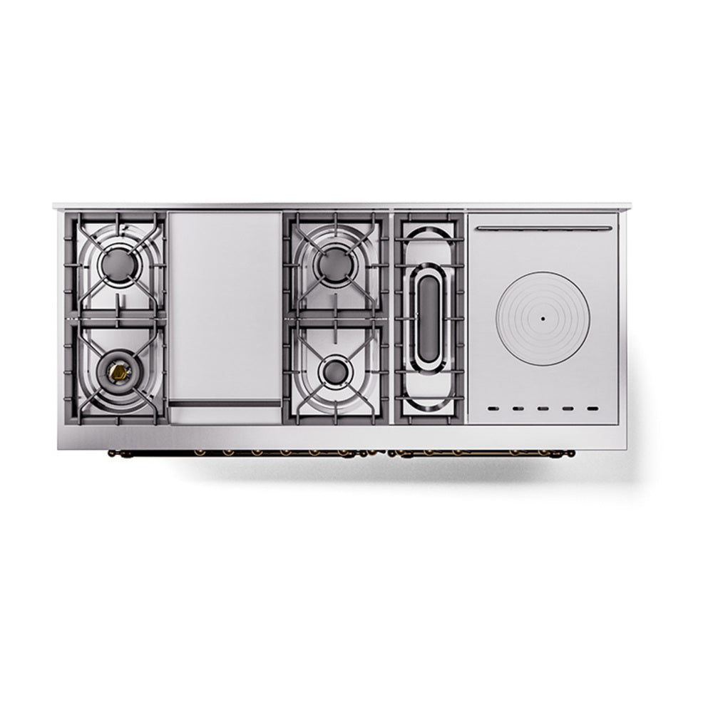 Dual fuel range top view showing burner layout and French top section in black
